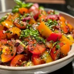 Close-up of a fresh tomato salad with red onion and basil.