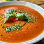 A bowl of vibrant tomato soup garnished with fresh basil leaves.