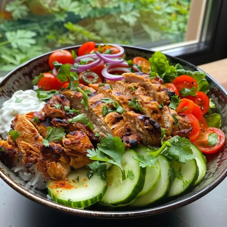 Schnelle Türkische Döner Bowl: Ein Geschmackserlebnis für jeden Tag A close-up side view of a Halal Turkish Chicken Döner Bowl featuring juicy chicken, rice, and fresh vegetables.