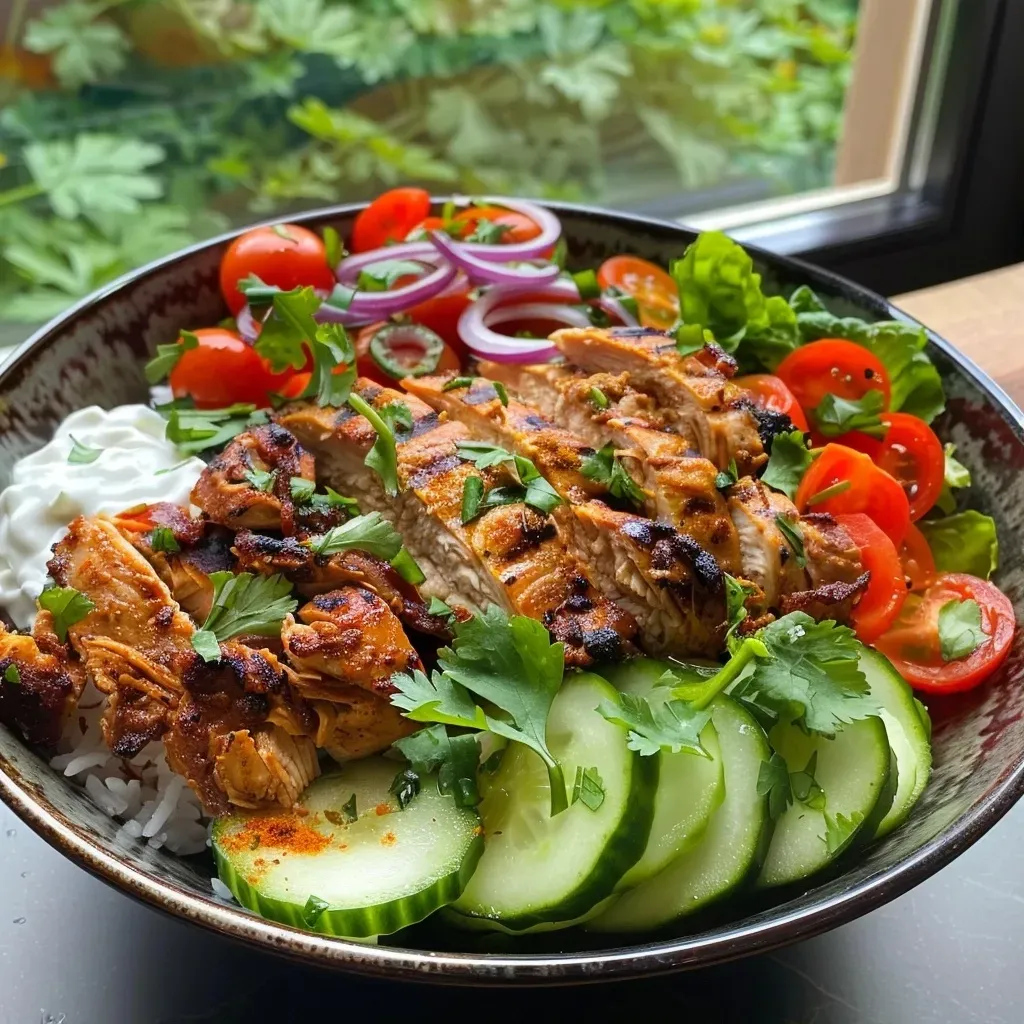 A close-up side view of a Halal Turkish Chicken Döner Bowl featuring juicy chicken, rice, and fresh vegetables.