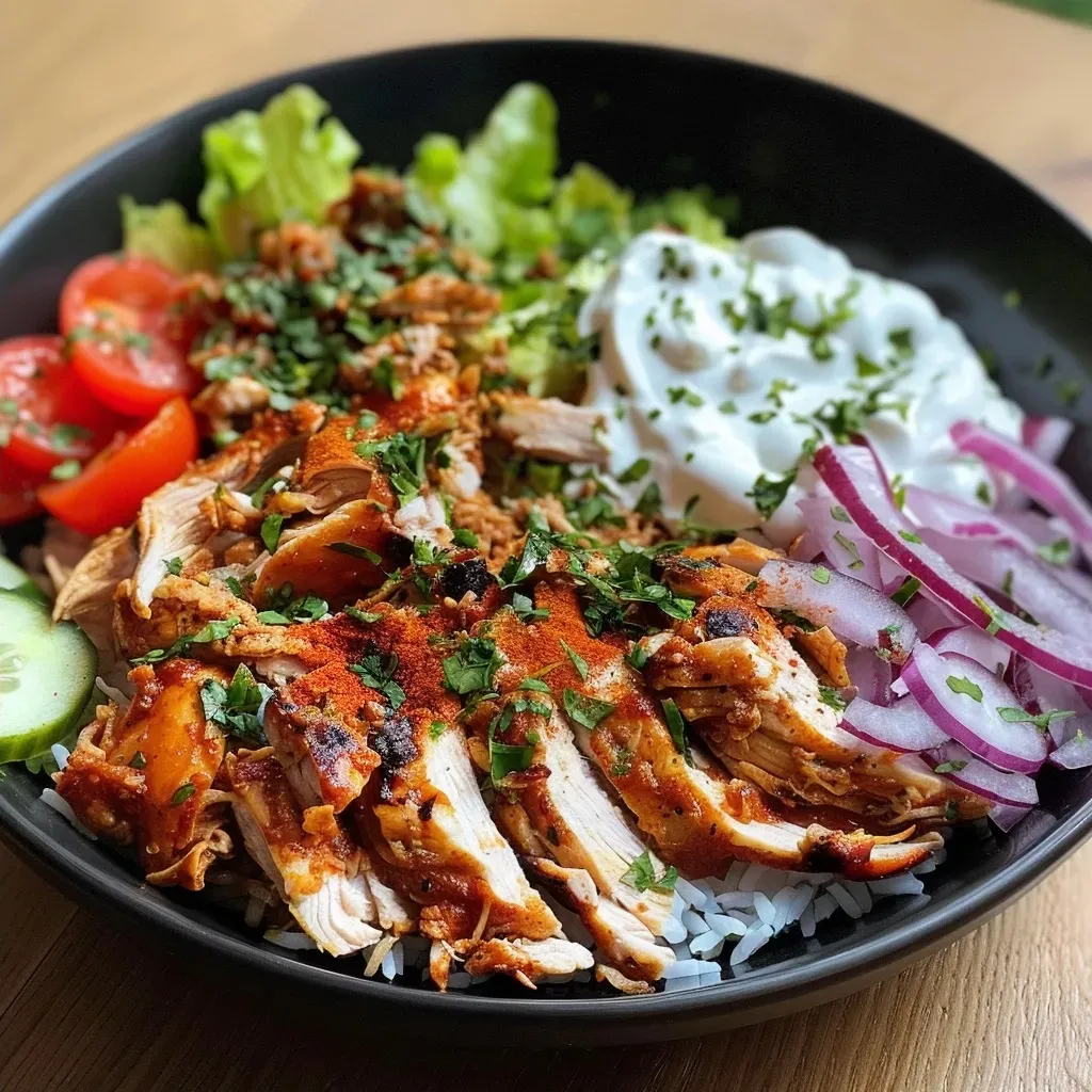 A vibrant Turkish Döner Bowl showcasing sliced chicken, aromatic rice, and colorful toppings.