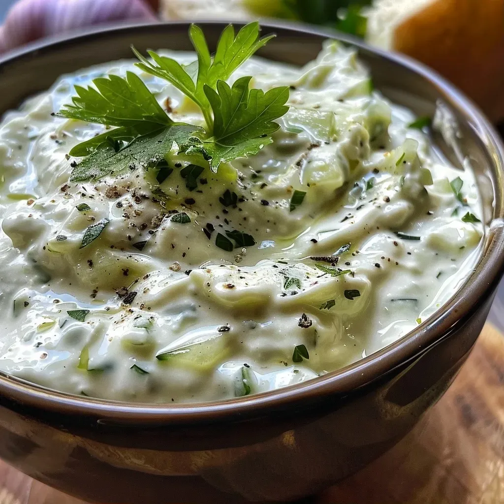 Close-up view of a bowl of Tzatziki sauce with cucumber and garlic.