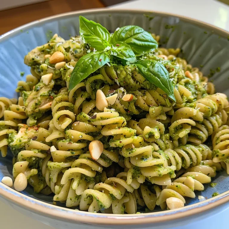 Schnelle Proteinreiche Pesto Pasta für den perfekten Feierabend Close-up view of high protein pesto pasta with chicken and fresh basil.