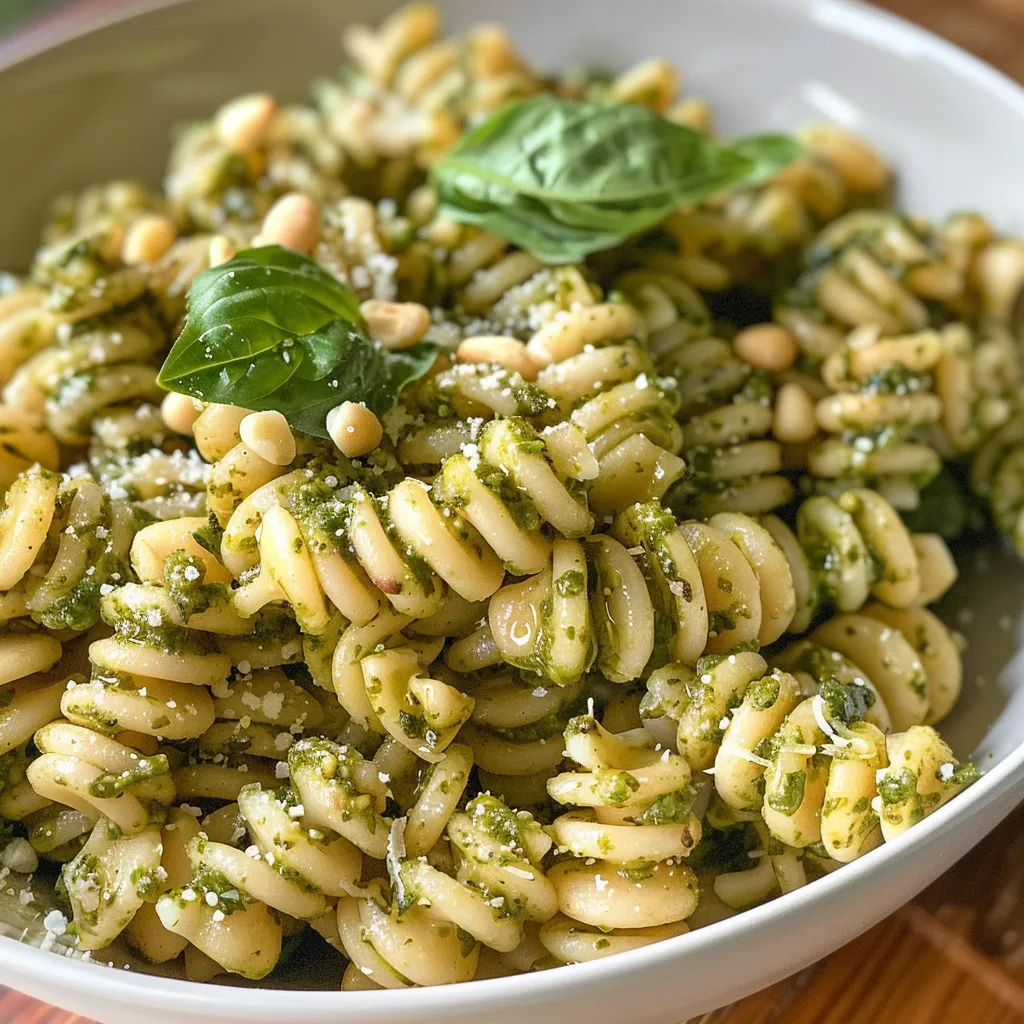 A serving of chickpea pasta coated in green pesto, garnished with cheese and herbs.