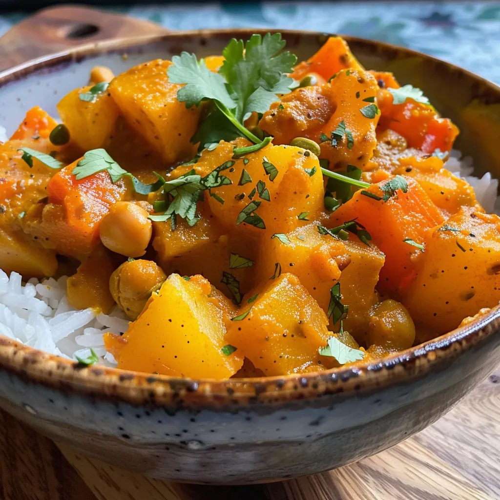 Side view of a delicious potato curry with diced potatoes, carrots, and coconut milk.