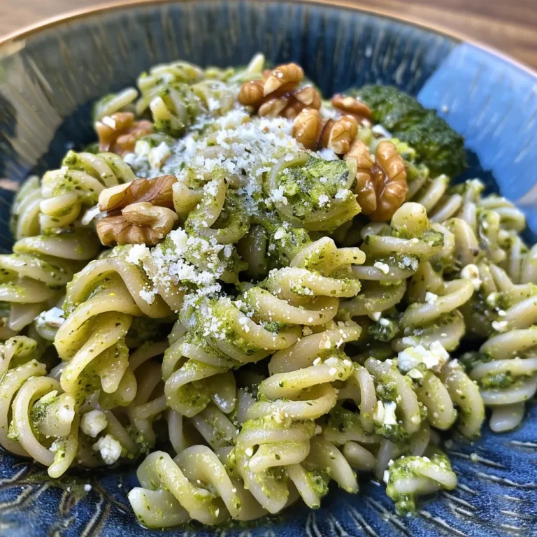 Close-up image of a bowl filled with walnut-ricotta pesto pasta, garnished with broccolini.