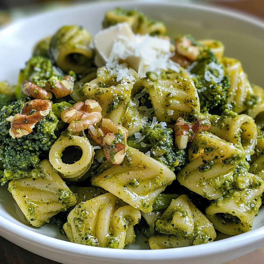 Side view of a creamy walnut-ricotta pesto pasta dish with a vibrant green sauce and visible walnuts.