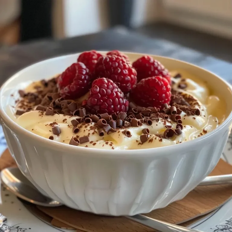 Creamy vanilla pudding in a glass bowl, side view.