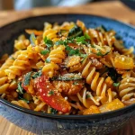 A close-up view of vegan pumpkin one-pot pasta, showcasing colorful ingredients.