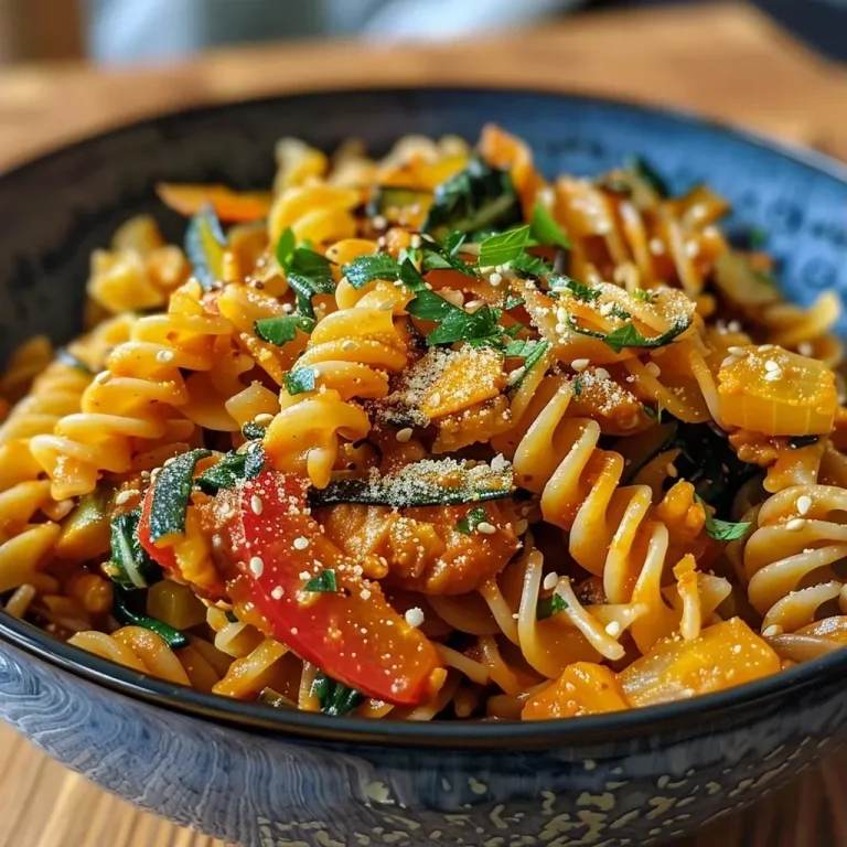 A close-up view of vegan pumpkin one-pot pasta, showcasing colorful ingredients.