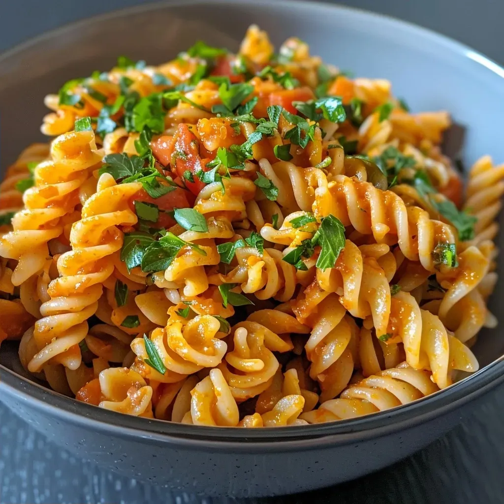 Side view of a bowl filled with creamy vegan pumpkin pasta, highlighting the vibrant orange squash.