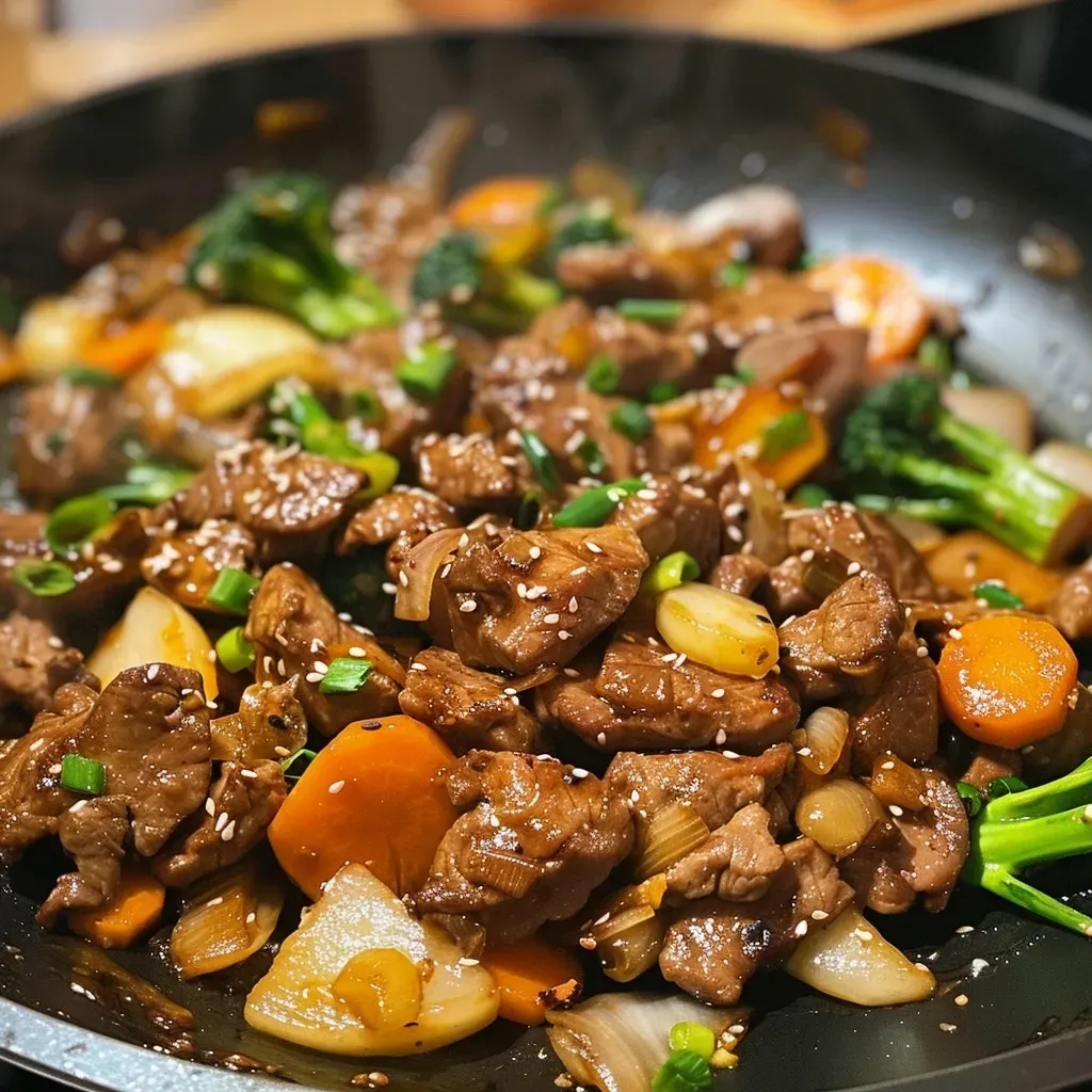 Close-up of a Wok with ground beef and green beans, vibrant colors and textures visible.