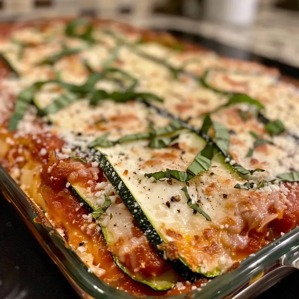 Close-up view of a layered zucchini lasagna with melted cheese and vibrant tomato sauce.