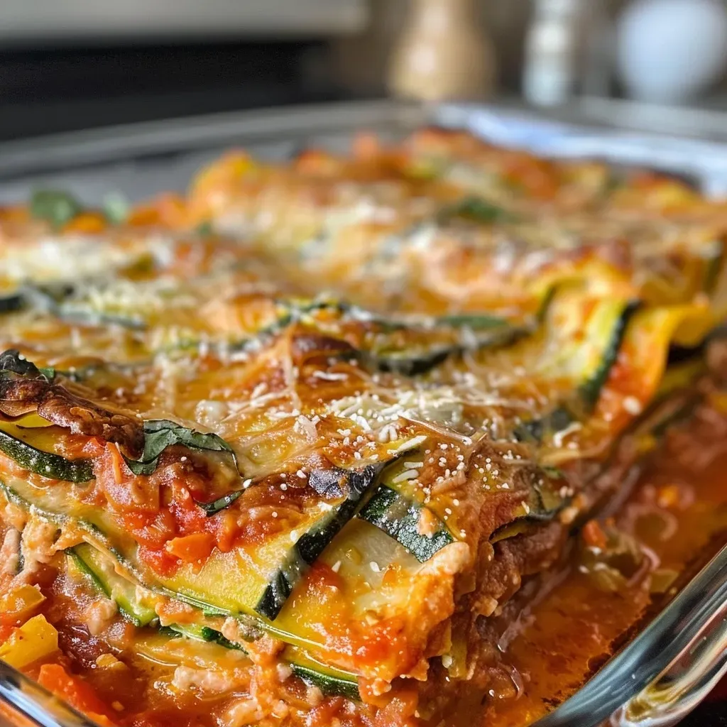Side angle of zucchini lasagna showcasing thin zucchini slices, cheese, and herbs.