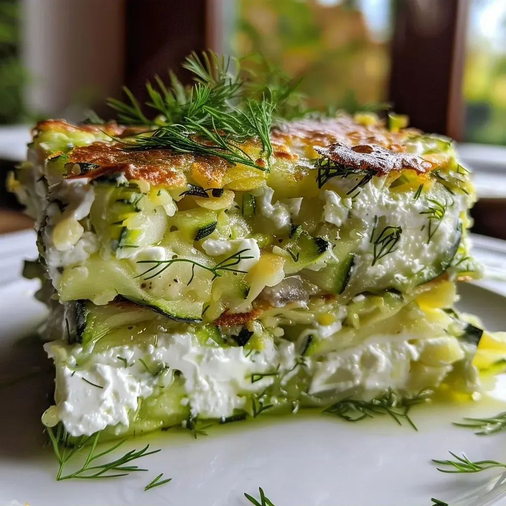 Close-up of a golden-brown zucchini puffer with a creamy yogurt dip on the side.