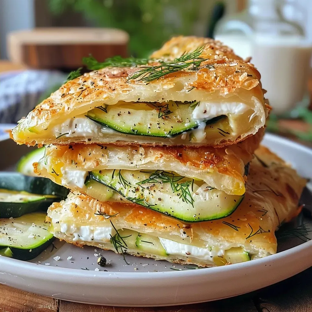 Side view of delicious zucchini puffer garnished with fresh herbs and yogurt dip.